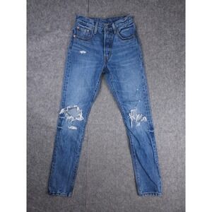 Levis 501 S Jeans Womens Size 24 x 32 (Fits 24 x 29) Blue Skinny Distressed